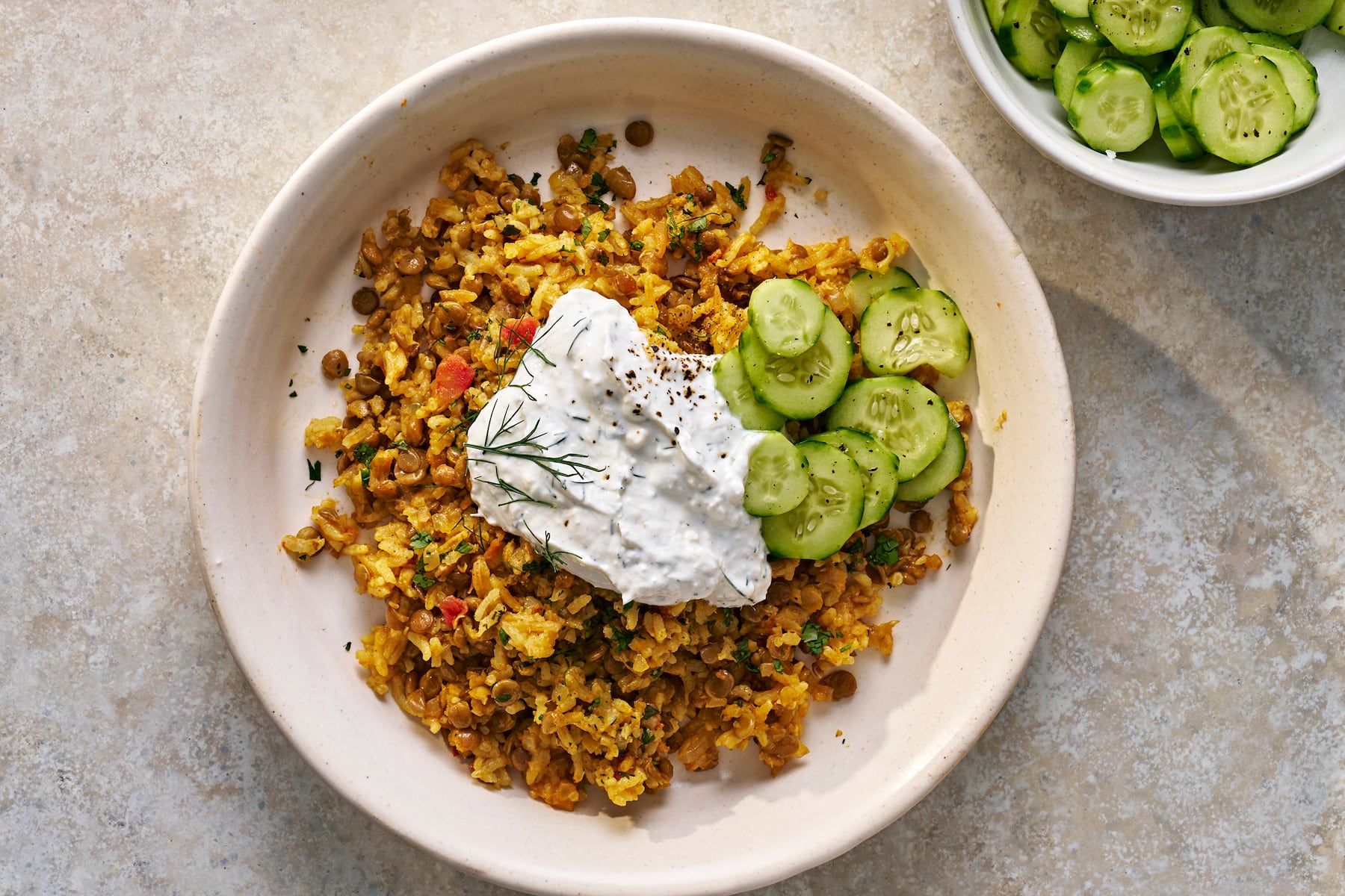 Tomato lentil rice with feta yogurt