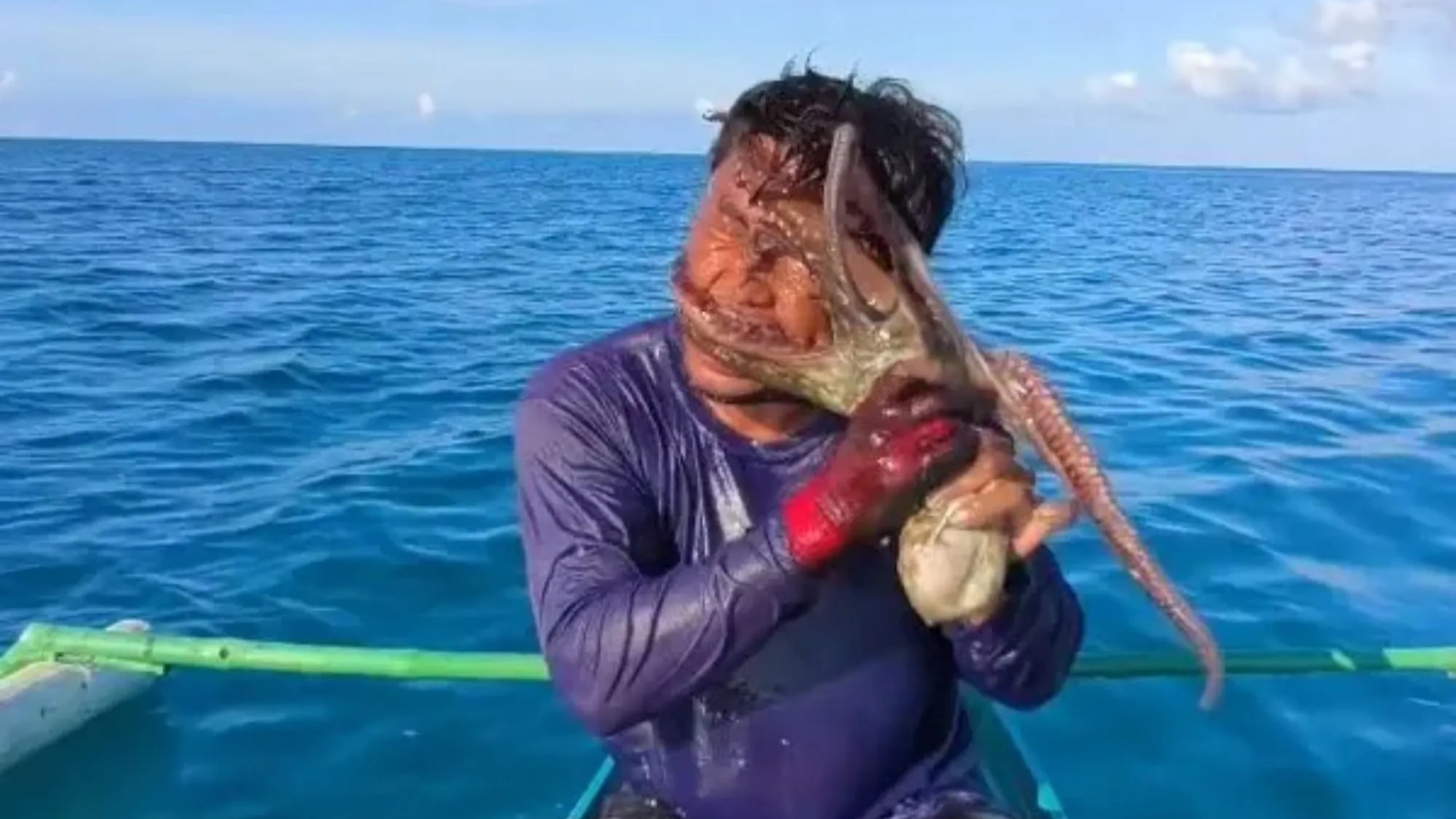 Terrifying moment octopus latches onto fisherman’s face forcing him to club creature in suffocating tug-of-war