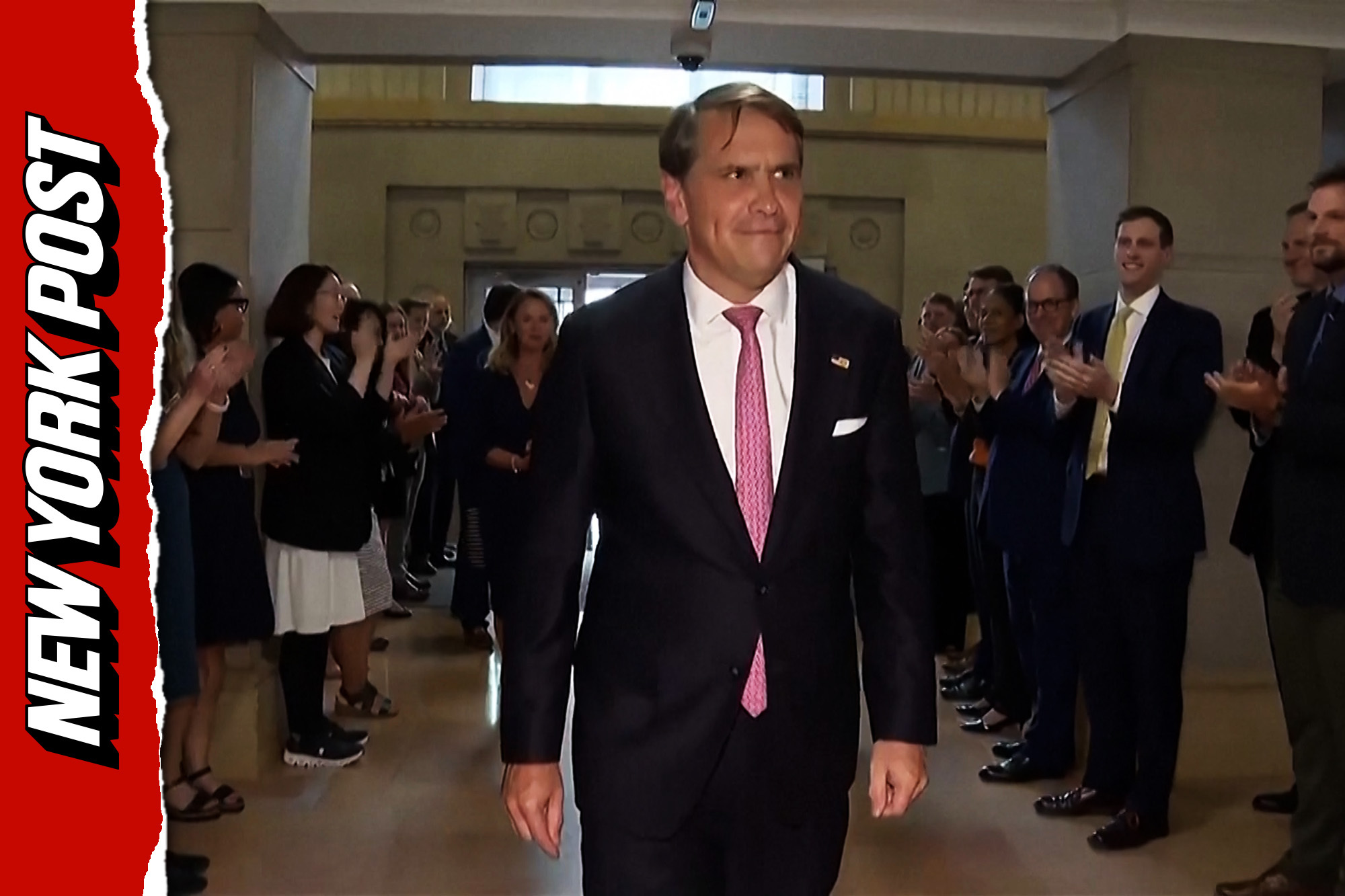 Thunderous applause rings out as Todd Blanche arrives at DOJ