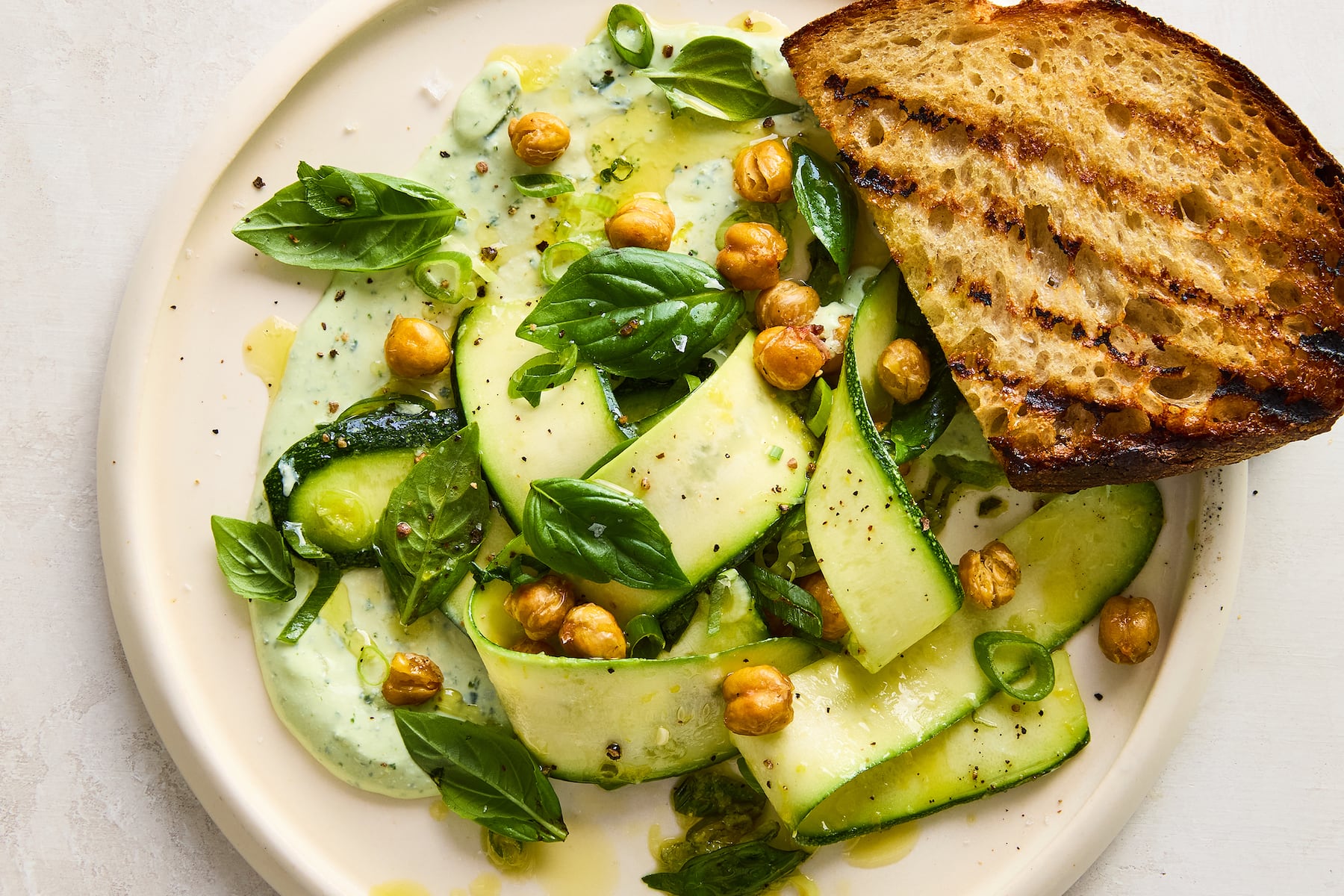 Zucchini and crispy chickpeas with whipped cottage cheese