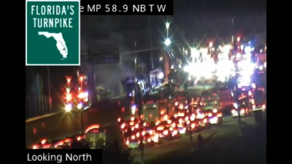 5 hospitalized after crash causes tractor trailer fire, shuts down southbound Turnpike near Oakland Park Blvd in Lauderhill
