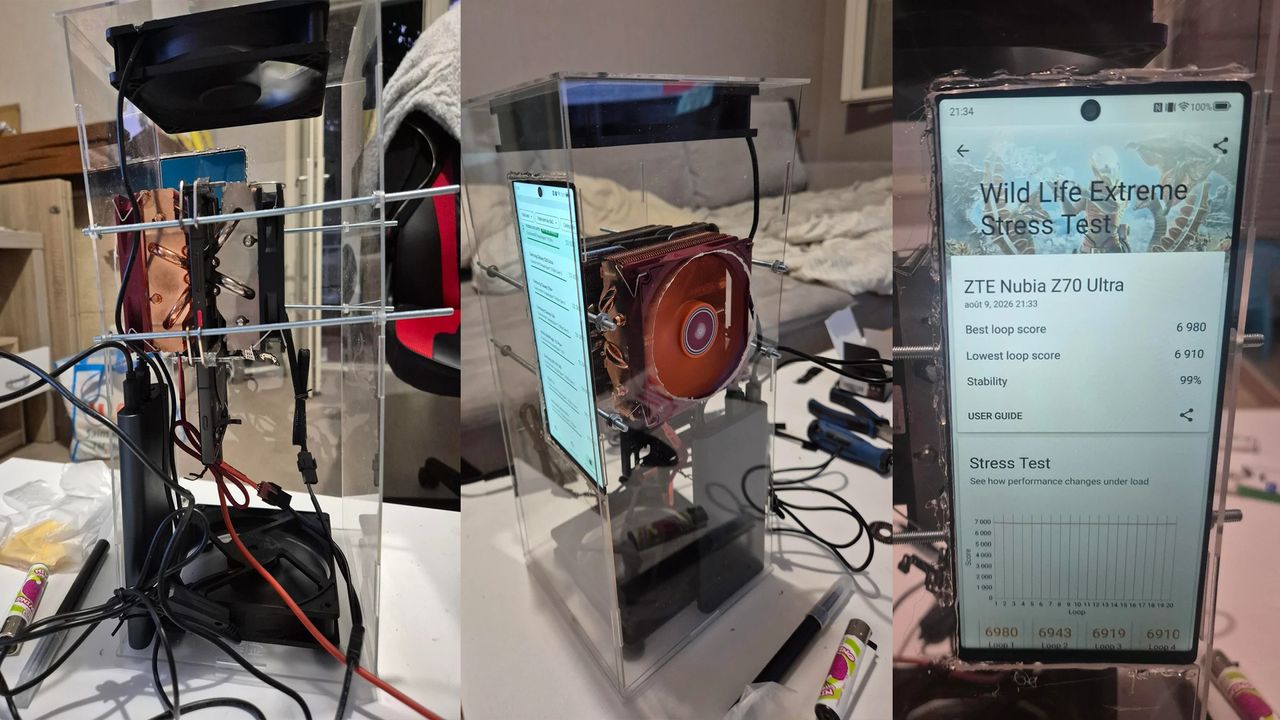 Modder straps two desktop CPU coolers to ZTE handset, turns smartphone into a gaming PC — Snapdragon 8 Elite SoC with 24GB of RAM runs The Witcher 3 at 1080p ultra