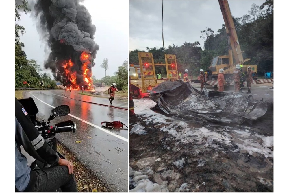 Tanker carrying 32,000 litres of fuel crashes into car in Temerloh, two occupants feared burnt