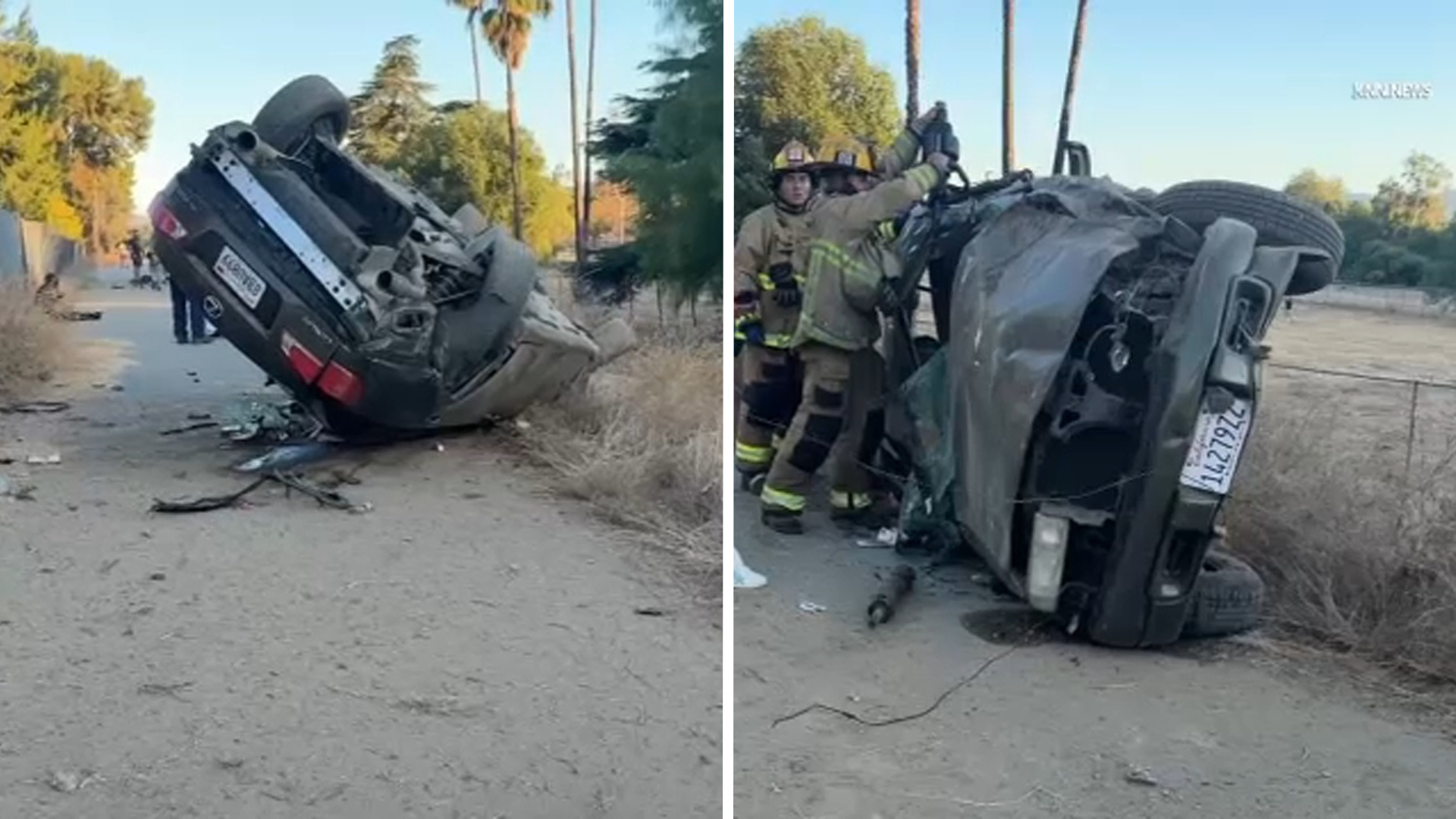 5 people hurt after 2 vehicles crash and roll down 405 Fwy embankment in Van Nuys