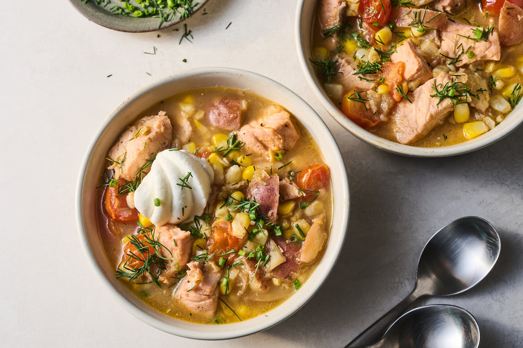 Brothy corn and salmon chowder