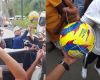 Colombia's president hands out branded footballs in an earthquake-hit port city