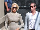 Hannah Waddingham stuns in a form-fitting gold dress as her spine surgeon boyfriend Nicolas Beresford-Cleary proves he's a total gentleman at Jimmy Kimmel Live