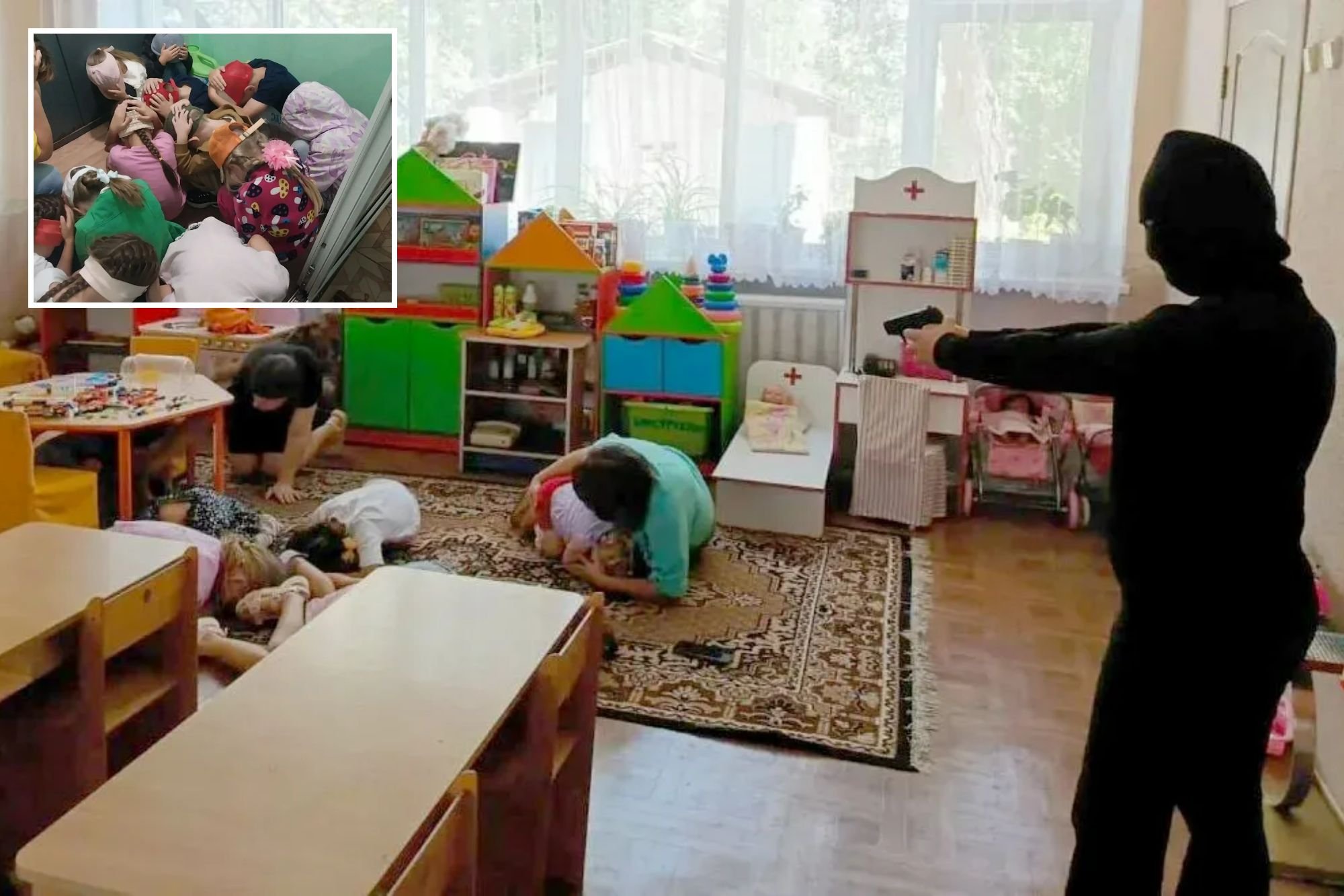 Nursery children held at gunpoint by balaclava-clad ‘terrorists’ & barricaded in classrooms in chilling Russian drills