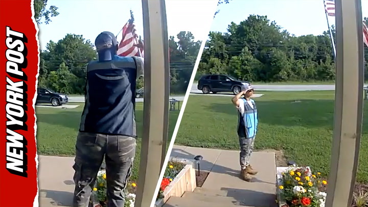 Touching moment delivery driver fixes American flag, then salutes it