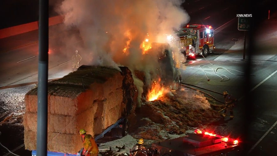 Lanes closed after hay-filled truck catches fire on 210 in La Cañada Flintridge